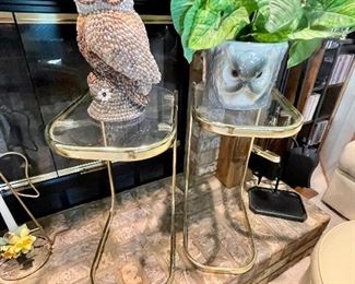 owl planter, owl made from shells, pair of small glass top side tables