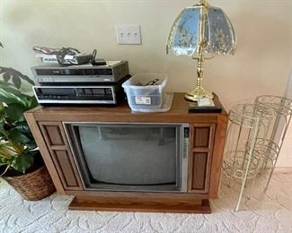Magnabox console tv, touch lamp, plant stands, VHS players