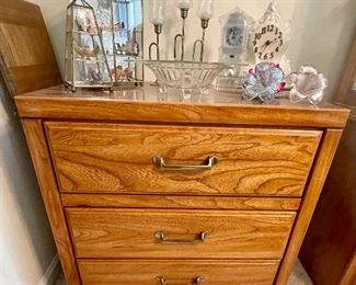 miniature showcases, etched footed bowl, glass flowers, crystal clocks