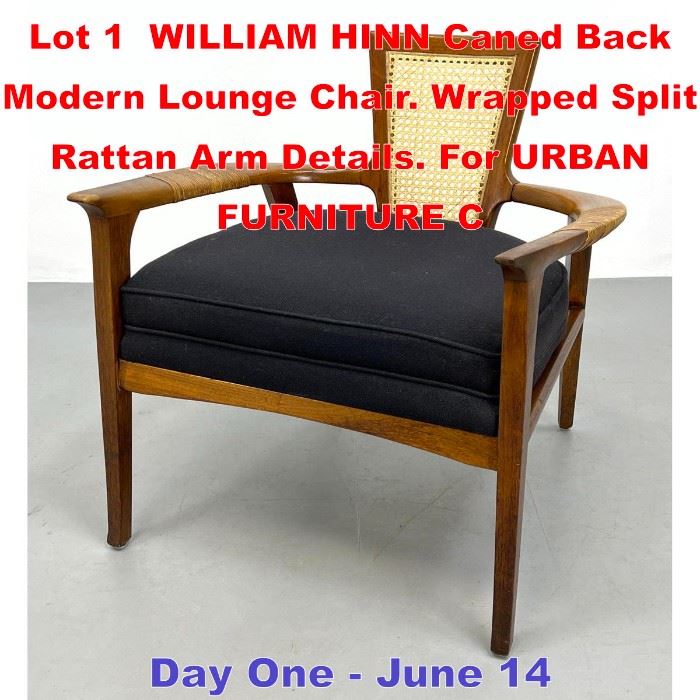 Lot 1 WILLIAM HINN Caned Back Modern Lounge Chair. Wrapped Split Rattan Arm Details. For URBAN FURNITURE C