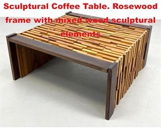 Lot 14 Brazilian PERCIVAL LAFER Sculptural Coffee Table. Rosewood frame with mixed wood sculptural elements