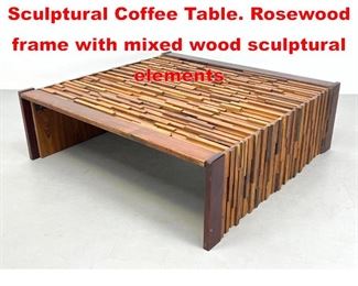 Lot 16 Brazilian PERCIVAL LAFER Sculptural Coffee Table. Rosewood frame with mixed wood sculptural elements