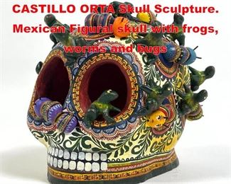 Lot 40 Hand Painted ALFONSO CASTILLO ORTA Skull Sculpture. Mexican Figural skull with frogs, worms and bugs