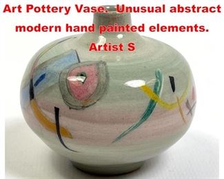 Lot 51 POLIA PILLIN Hand Painted Art Pottery Vase. Unusual abstract modern hand painted elements. Artist S