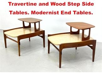 Lot 106 Pr BERTHA SCHAEFER Travertine and Wood Step Side Tables. Modernist End Tables.
