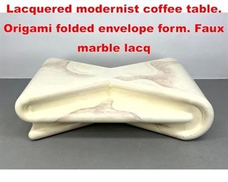 Lot 117 Karl Springer style Lacquered modernist coffee table. Origami folded envelope form. Faux marble lacq