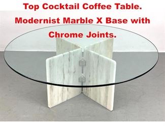 Lot 124 White Marble Base Glass Top Cocktail Coffee Table. Modernist Marble X Base with Chrome Joints. 