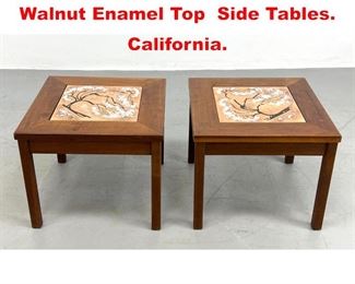 Lot 128 Pair BROWN SALTMAN Walnut Enamel Top Side Tables. California.