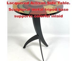 Lot 159 BENJAMIN LE Axis Lacquered Artisan Side Table. Sculptural metal tripod base supports colorful inlaid