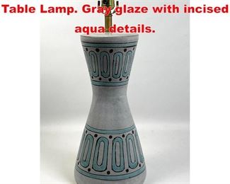 Lot 168 Modernist Corseted Pottery Table Lamp. Gray glaze with incised aqua details. 