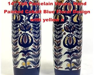 Lot 169 2pcs ROYAL COPENHAGEN 14 Tall Porcelain Vases. Hand Painted Cobalt Blue Floral Design with yellow a