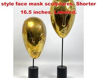 Lot 196 Pr BALOS Brass Hagenauer style face mask sculptures. Shorter 16.5 inches. Labeled.