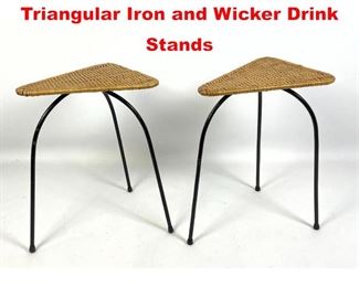 Lot 213 2pc Aubock Style Triangular Iron and Wicker Drink Stands