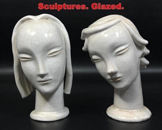 Lot 215 2pcs CERAMIC ART Bust Sculptures. Glazed. 