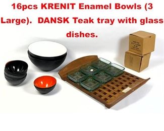 Lot 227 Danish Modern Tablewares. 16pcs KRENIT Enamel Bowls 3 Large. DANSK Teak tray with glass dishes. 