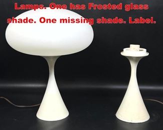 Lot 249 2pc LAUREL Mushroom Lamps. One has Frosted glass shade. One missing shade. Label. 