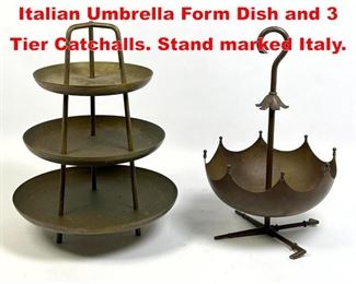 Lot 267 2pcs Italian Brass. Brass Italian Umbrella Form Dish and 3 Tier Catchalls. Stand marked Italy.