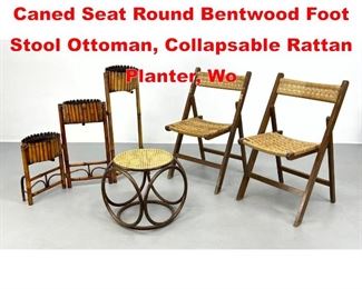 Lot 279 Mid Century Modern lot. Caned Seat Round Bentwood Foot Stool Ottoman, Collapsable Rattan Planter, Wo