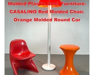 Lot 310 3pc Orange and Red Molded Plastic McM Furniture. CASALINO Red Molded Chair. Orange Molded Round Cor