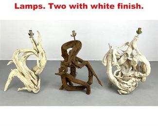 Lot 333 3 Natural Driftwood Table Lamps. Two with white finish. 