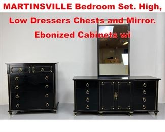 Lot 359 3pc AMERICAN of MARTINSVILLE Bedroom Set. High, Low Dressers Chests and Mirror. Ebonized Cabinets wi
