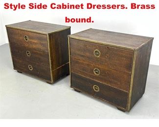 Lot 375 Pair BASSETT Campaign Style Side Cabinet Dressers. Brass bound. 