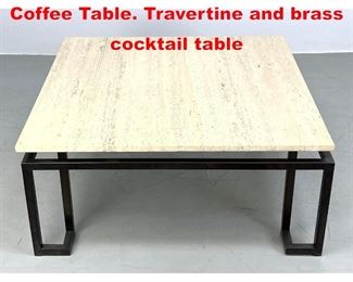 Lot 405 Francois Catroux style Coffee Table. Travertine and brass cocktail table 