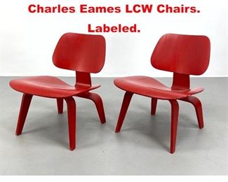 Lot 452 Pair of Red Herman Miller Charles Eames LCW Chairs. Labeled.
