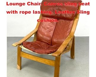 Lot 506 Bentwood Frame Modernist Lounge Chair. Canvas sling seat with rope lashing. Leather Sling cushion. 