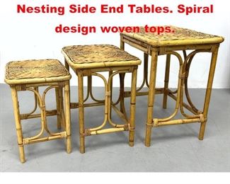 Lot 524 Set 3 Woven Rattan Nesting Side End Tables. Spiral design woven tops. 