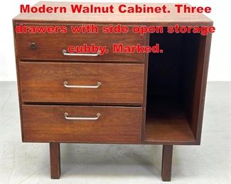 Lot 528 JENS RISOM American Modern Walnut Cabinet. Three drawers with side open storage cubby. Marked. 