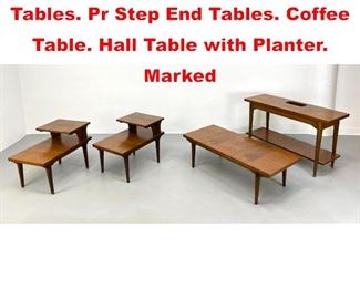 Lot 544 4pc LANE Modernist Tables. Pr Step End Tables. Coffee Table. Hall Table with Planter. Marked