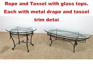 Lot 547 2pc Decorator Tables. Rope and Tassel with glass tops. Each with metal drape and tassel trim detai
