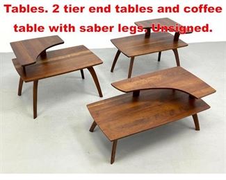 Lot 550 3 pc Carl Bissman Walnut Tables. 2 tier end tables and coffee table with saber legs. Unsigned. 