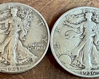 (2) Walking Liberty Silver Half Dollar Coins - 1941, 1936