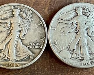 (2) Walking Liberty Silver Half Dollar Coins - 1942, 1943