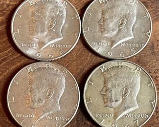 (4) Kennedy Silver Half Dollar Coins - 1964, 1965, 1966, 1967