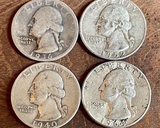 (4) Washington Silver Quarter Coins - 1936, 1940, 1952, 1964