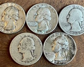 (5) Washington Silver Quarter Coins - 1934, 1932, (2) 1964, 1957