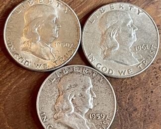 (3) Benjamin Franklin Silver Half Dollar Coins - 1950, 1959, 1961