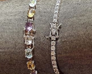 (2) Sterling Silver Tennis Bracelets - (1) With Clear Stones And (1) With Topaz, Amethyst, And Citrine