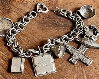 Antique Sterling Silver Charm Bracelet - Tambourine, Fish, Kirk & Son Sterling Charms, And More - 36.8 Grams