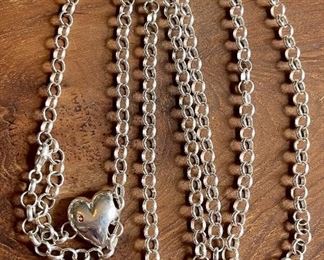 Sterling Silver Spain Adjustable Size Heart Necklace And Bracelet With Heart Slides - Weighs 50.7 Grams Total