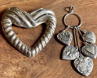 Sterling Silver Mexico Heart Pin And Repousse Puffy Heart Pendant - Weighs 23.4 Grams Total