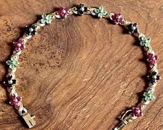 14k Gold Red And Blue Spinel, Green Stone Flower Tennis Bracelet With Safety Latch - Weighs 11.1 Grams Total