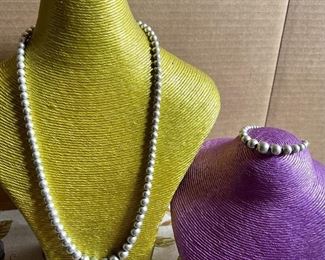 Vintage Sterling Silver Graduated Round Bead Necklace And Matching Bracelet - Weighs 53 Grams Total