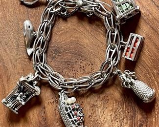 Antique Sterling Silver Charm Bracelet - Cruise Ship, Dollar Box, Pineapple, And More - Weighs 54.8 Grams