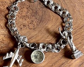 Sterling Silver Charm Bracelet - Airplane, Compass, Statue Of Liberty - Weighs 22 Grams