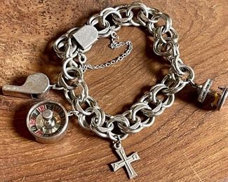 Antique Sterling Silver Charm Bracelet - Carousel, Whistle, Roulette, And More - Weighs 49.3 Grams