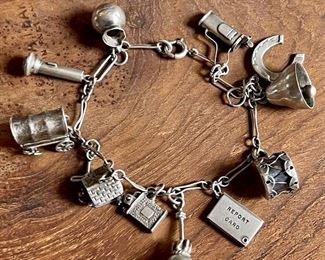 Antique Sterling Silver Charm Bracelet - Golf Clubs, Covered Wagon, Drum, Bell, And More - Weighs 18.4  Grams
